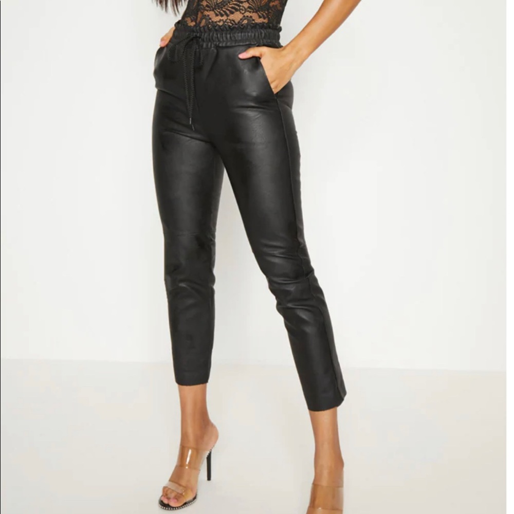 Women Faux Leather PU High Waist Casual Joggers